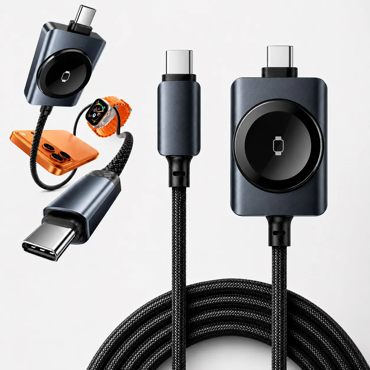 2-in-1 Fast Charging Cable,with Magnetic Watch Charger,100W USB-C PD Fast Charging Braided Cable,5W Magnetic Smartwatch Charger,480Mbps Data Sync Cord Durable Braided Wire for All Device