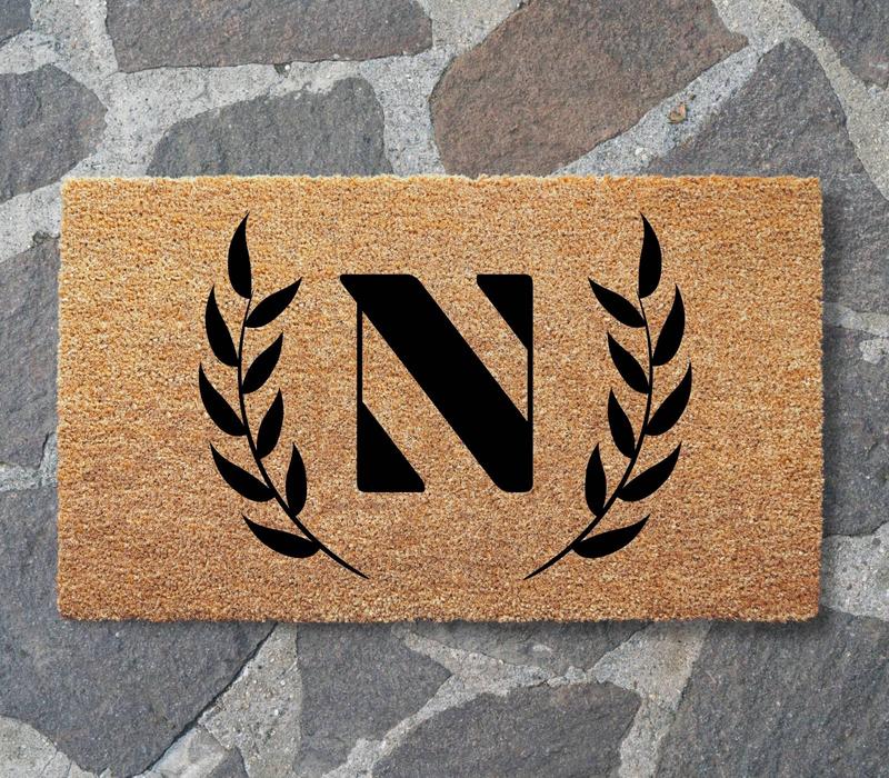 Personalized Monogram Doormat with Wreath Frame Natural Coconut Coir 3 Sizes 16x24 17x30 24x36 Long Lasting Durable Anti-Slip Backing