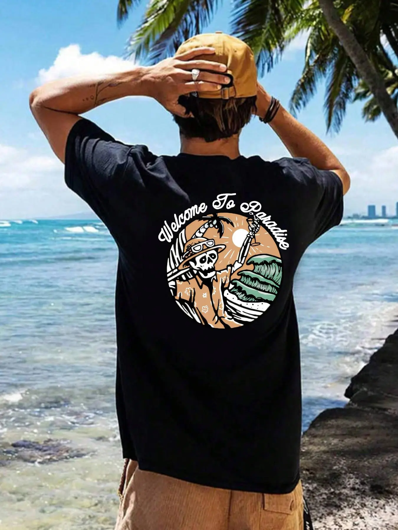 Men's Regular Fit Skull Print Round Neck Tee, Casual Graphic Tee, Casual Short Sleeve Crew Neck T-shirt for Daily Wear, Casual Stylish Tee, Men's Top for Summer, Tropical, Casual Street Wear