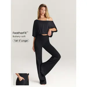 GLOWMODE 35" FeatherFit Long Strides Buttery-Soft Sweat-Wicking Stretchy Crossover Waist Tall Side Pockets Wide-Leg Pants Low Impact Yoga Pilates Studio Daily Wear