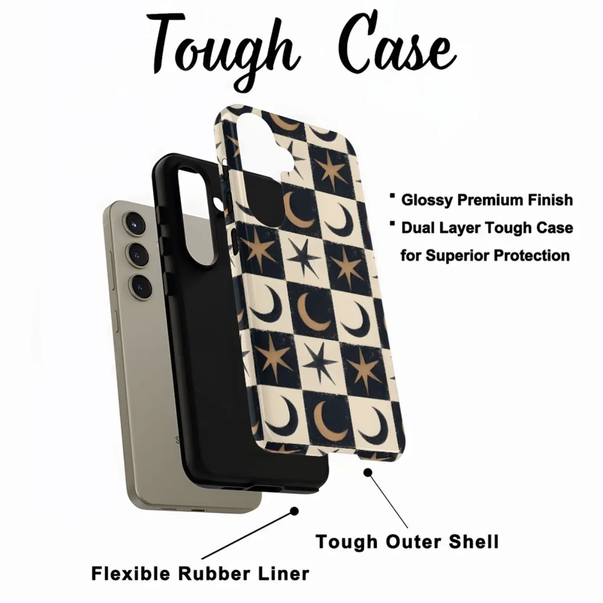 Bohemian style, moon and star checkered design, durable, shock-absorbing, glossy 2-in-1 phone case, compatible with iPhone 17, 16, 15, 14, 13, 12, 11, X, Samsung and other models. Makes a great holiday gift for friends or family.