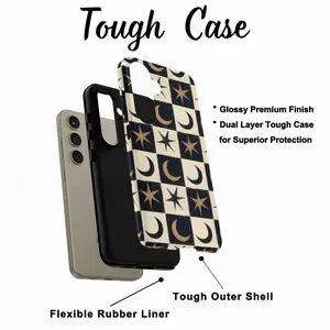 Bohemian style, moon and star checkered design, durable, shock-absorbing, glossy 2-in-1 phone case, compatible with iPhone 17, 16, 15, 14, 13, 12, 11, X, Samsung and other models. Makes a great holiday gift for friends or family.