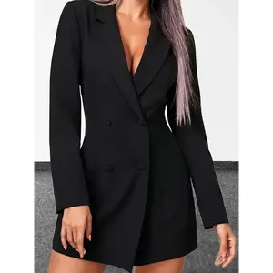Women's Elegant Double-Breasted Black Blazer - Long Sleeve, Mid-Length, Polyester, Machine Washable