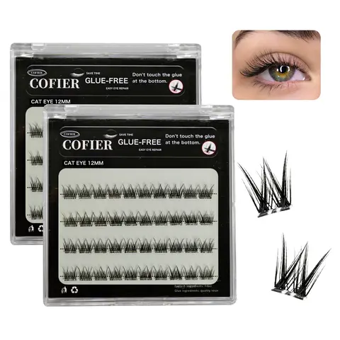 Cofier No-Glue Self-Adhesive Cat Eye Artificial Eyelash Clusters (Small Box), 40PCS Cosmetic Makeup, 8/10/12/14mm Uniform Length DIY, Beginner-Friendly Easy Natural Application False Eyelashes & Adhesives, Artificial Eyelash Cluster False Eyelashes & Adhe