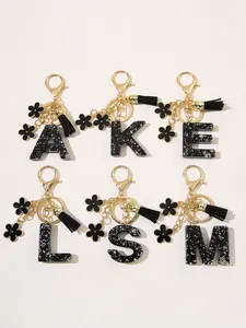 Women Elegant Flower Letter Keychain, Resin Pendant Car Key Chain, Student Wallet Backpack Accessory, Alphabet Gift, Floral Pattern Keychain, Keychain For Bags