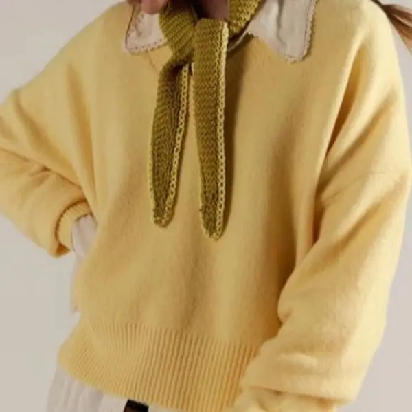 Imily Bela Women’s Bow Tie Collar Knit Sweater, Oversized Drop Shoulder Long Sleeve Pullover, Cute Preppy Coquette Contrast Collar Jumper Top for Fall Winter Casual Wear