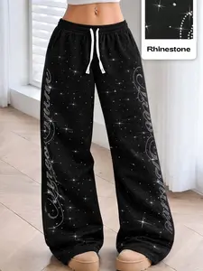 Women's Casual Starry Sky Rhinestone Wide Leg Pants, Loose Fit Dark Style, American Sweet Cool Printed Sweatpants, Spring & Fall Wear