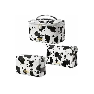 Kawaii Cow Print Cosmetic Bag Set, Makeup Accessories, Alarge Capacity Cute Makeup Bags , Fall 2025 New Fashionable Travel Toiletry Bag for Women & Men, Basic Matching Washable and Waterproof for Daily & Back To School, Vanity Makeup Organizer