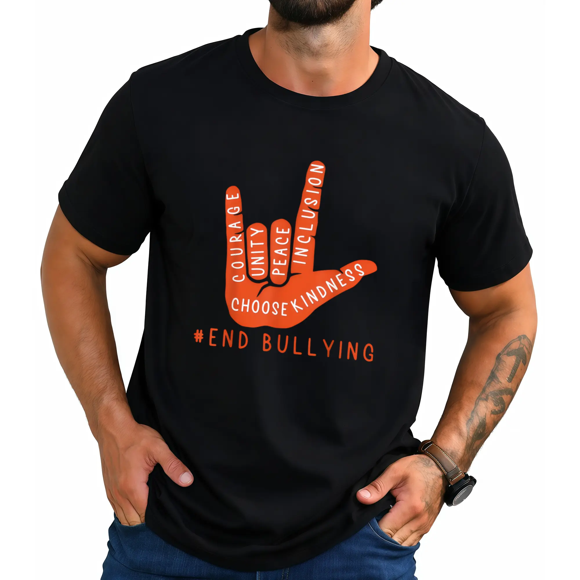 Men's Anti-Bullying Awareness T-Shirt - Unity Day Graphic Tee with Love Sign Language, #ENDBULLYING Message - Heavyweight Shirt for Advocacy, Schools, Workplaces