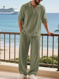 Men's Spring Summer Linen Casual Loose Long Sleeve Shirt Beach Pants Set Outfit, Vacation, Comfortable and Stylish