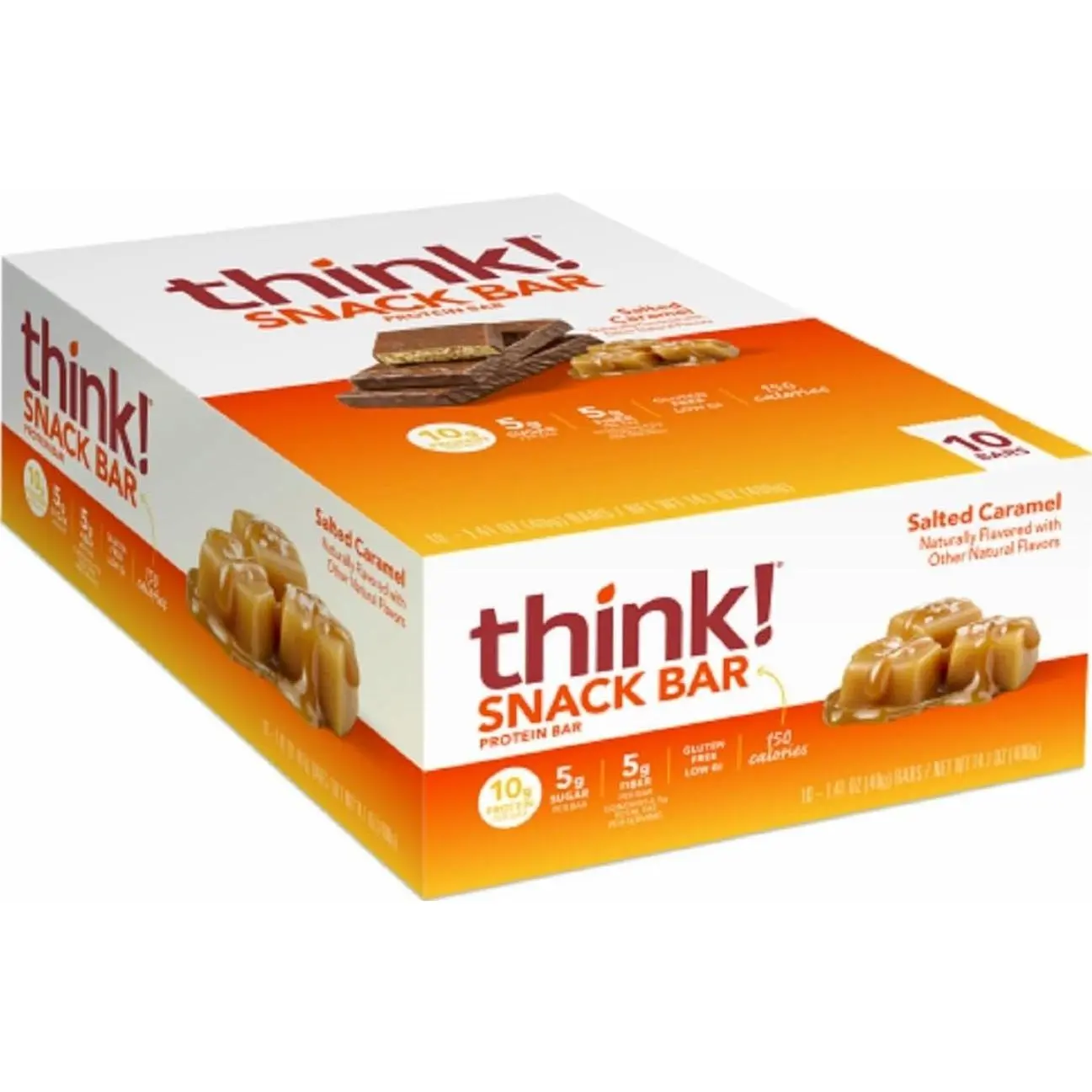 think! Protein Bars with Chicory Root for Fiber, Digestive Support, Gluten Free with Whey Protein Isolate, Salted Caramel, Snack Bars without Artificial Sweeteners, 1.4 Oz (10 Count)