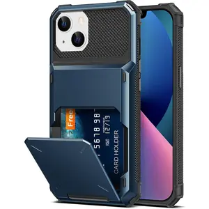 for iPhone 13 14 Case Wallet 4 Credit Card Holder Flip Cover Design ID Slot Back Pocket Dual Layer Armor Scratch Resistant Hard Shell Hybrid Protective Bumper for iPhone 13 14 6.1 Navy Blue