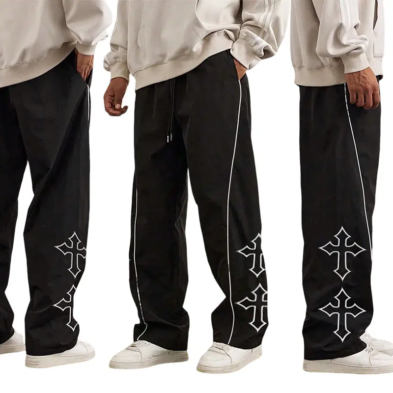 Men’s track pants with cross print, gothic streetwear baggy wide-leg trousers Black Denim Sweatpants solid color fashion sport pant, Stripe, Casual quick-dry athletic short tiktokshopspringglowup,summervibes summer Loose Fit