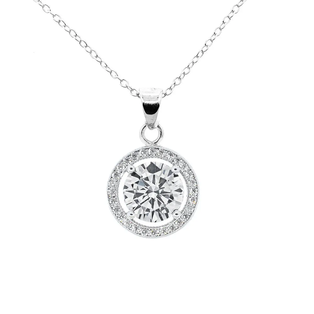 Blake 18k White Gold Plated Halo Pendant Necklace with Simulated Diamond Crystals