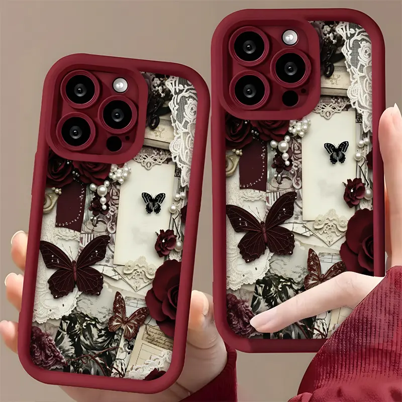 Phone Case: Wine Red Butterfly Pattern Vintage TPU Case Compatible with iPhone 17 Pro Max, 13/12/11/14/15 Plus/15 Pro/14 Pro Max - Wine Red/High Aesthetic/XS/XR