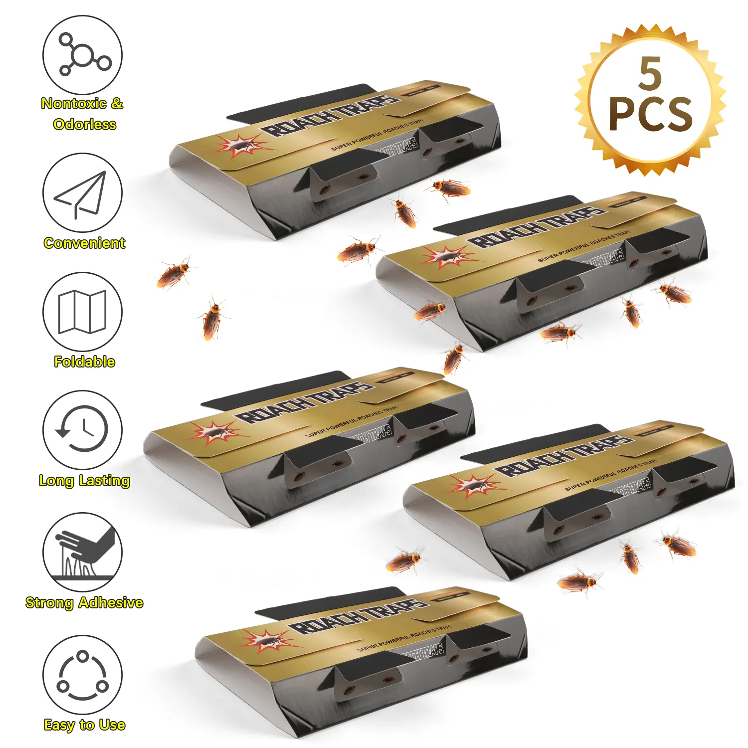 5 Pack Roach Glue Traps | Eco-Friendly Non-Toxic Indoor Bait Traps, Household Pest Catcher for Home & Motel
