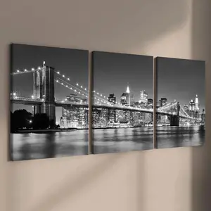 Cityscape Pattern Canvas Painting with Wooden Frame, 3 Counts/set Modern Living Room Art Wall Decor, Exquisite Landscape Painting, Wall Art, Home Decor, Art Wall Decoration