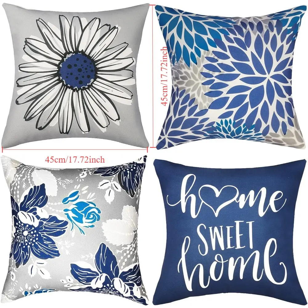 4PCS Decorative Throw Pillow Covers Set Blue Pillow Covers 18x18 Inch Throw Pillow Cases Linen Square Pillow Case, Farmhouse Outdoor Modern Boho Pillow Covers, Classroom Decorations