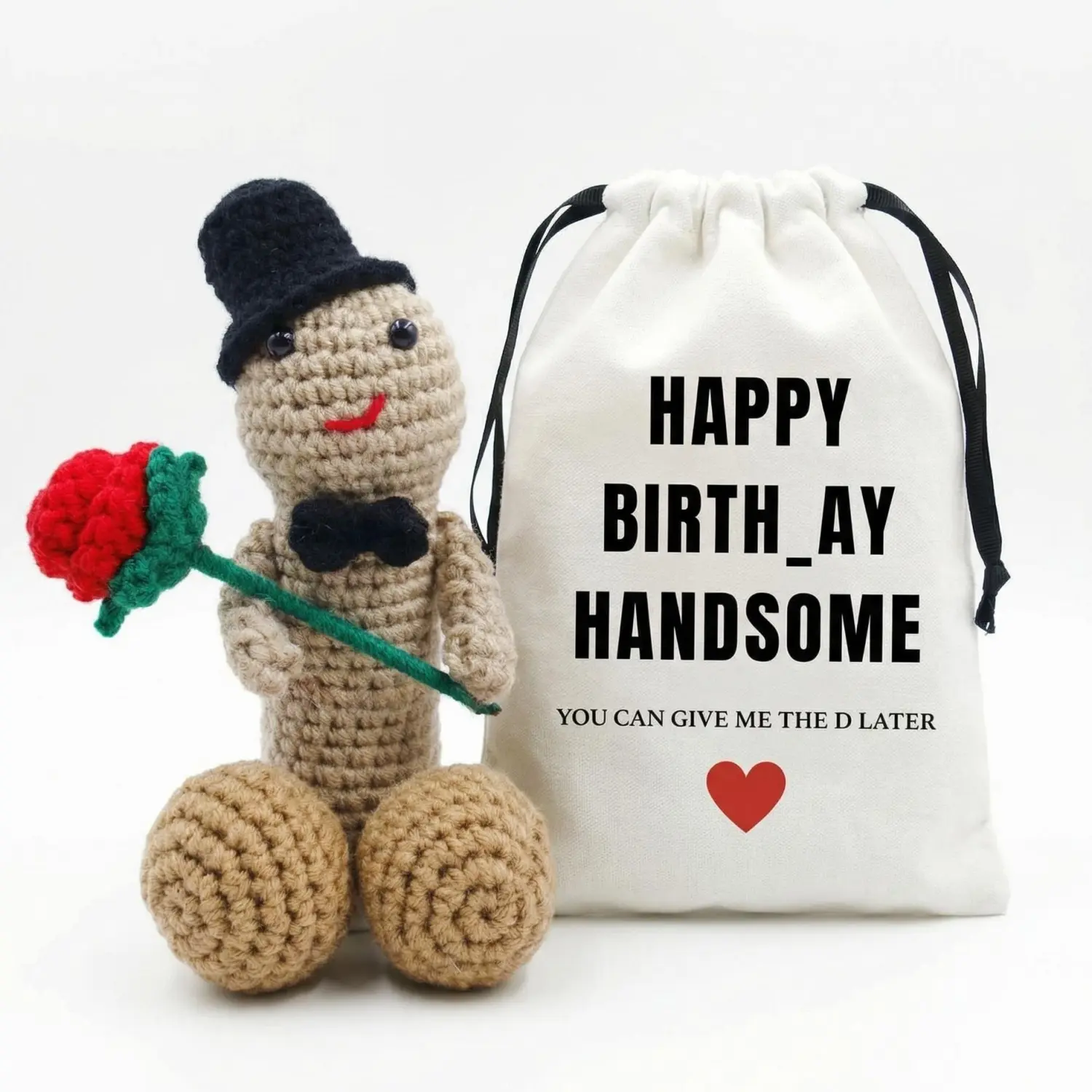 Funny Birthday Gift for Him, Handmade Crochet Doll with Top Hat, Bow Tie and Rose, Linen Bag with Funny Message, Romantic Novelty Gift