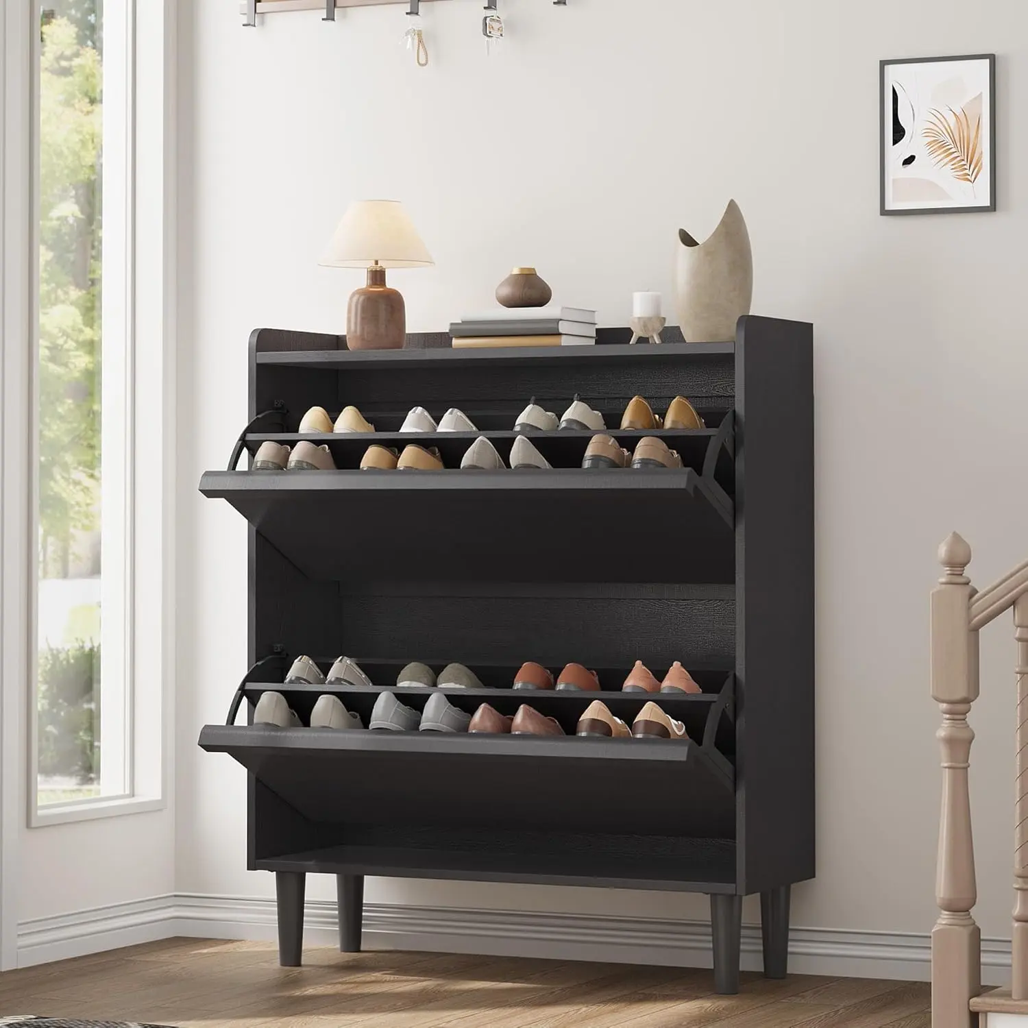 Wooden Entryway Cabinet with Shoe Rack Shelf - Modern, Warm Inviting Tones, Sturdy, 2 Flip Drawers, Adjustable Shelves, Dual-Drawer Access, Hidden Compartments, Waterproof, Wall-Mountable, 34.5”L x10.5”W x37.5”H, Assembly Required for Hallway