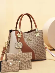 Trendy New Colorblock Fashion Handbag, Large Capacity Shoulder Crossbody Bag Set, Women's Stylish Print Three-Piece Set