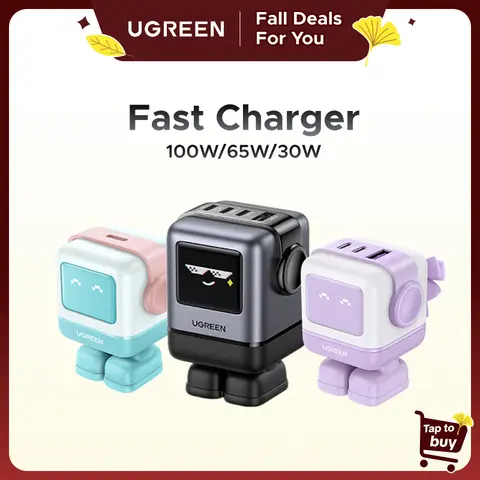 UGREEN Uno Robot GaN Super Fast Charging Electronic Travel Charger Block - US Plug 3/4-Port USB-C (100W/65W/30W) PPS PD3.0 Type C Portable Mobile/Smartphone Charger, 24-Month Support, for iPhone 17-14 Pro Max, MacBook Air
