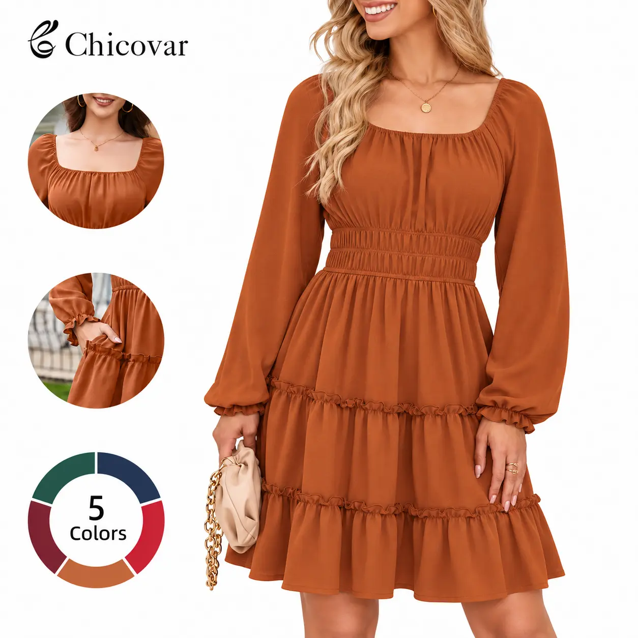 Chicovar Women's Square Neck Boho Mini Dress – Long Sleeve Smocked Waist Tiered Ruffle Dress with Pockets , Cute Lantern Sleeve for Fall Wedding Guest, Family Photos, Church, Westernfashion, Sohochic