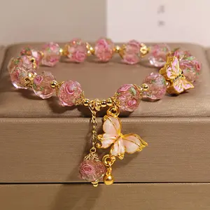 Turquoise Pink Golden Marble Butterfly Bracelet Bohemian Chinese Glazed Jewelry for Parties Festivals Special Occasions Gifts with Golden Butterfly Pendant and Marble Beads for Durable Wear in All Seasons