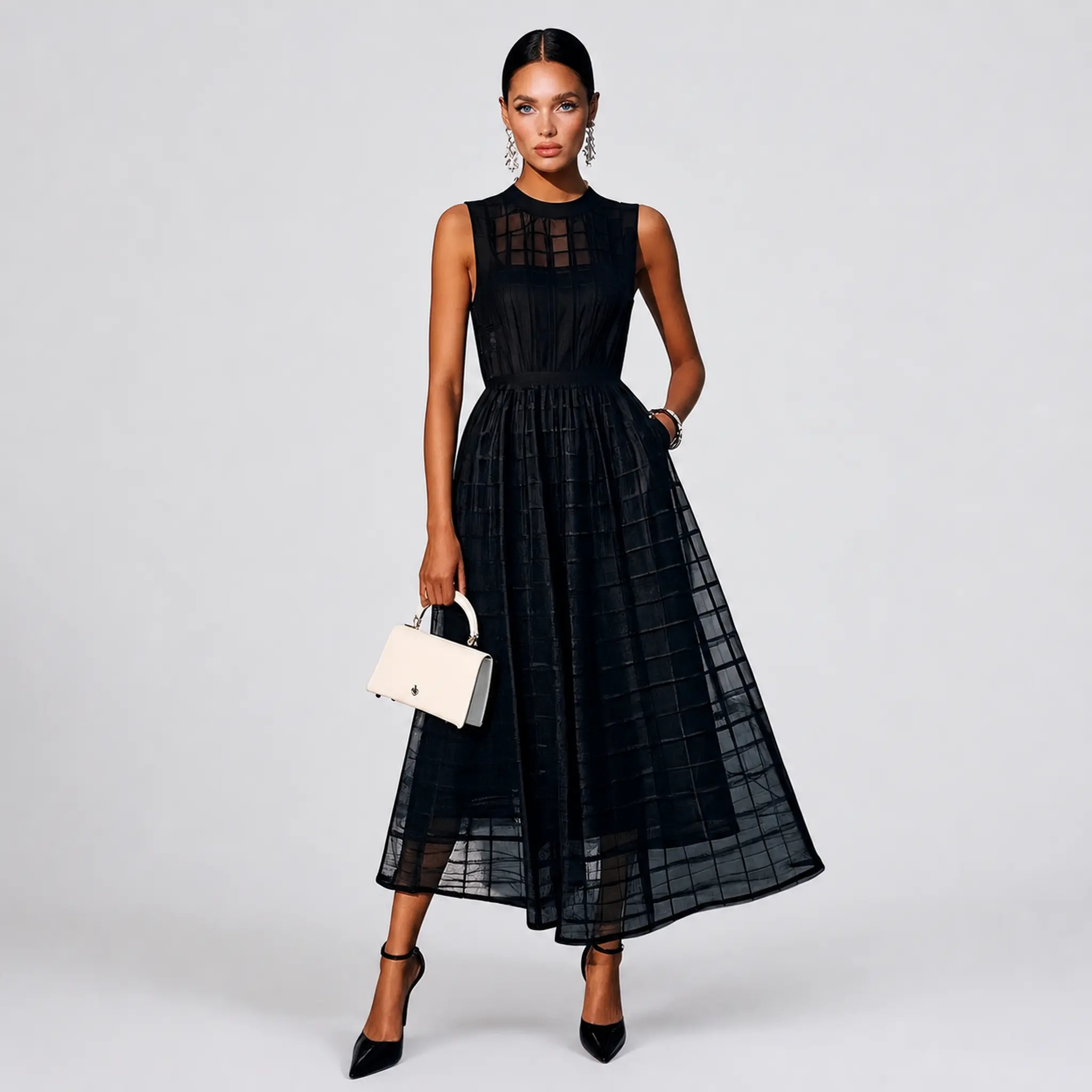 LikeMyChoice Women Sleeveless Mock Neck Grid Mesh Midi Dress High Waist A Line Flowy Sheer Tulle Tea Length Dress Wedding Guest Cocktail Formal Party Dress