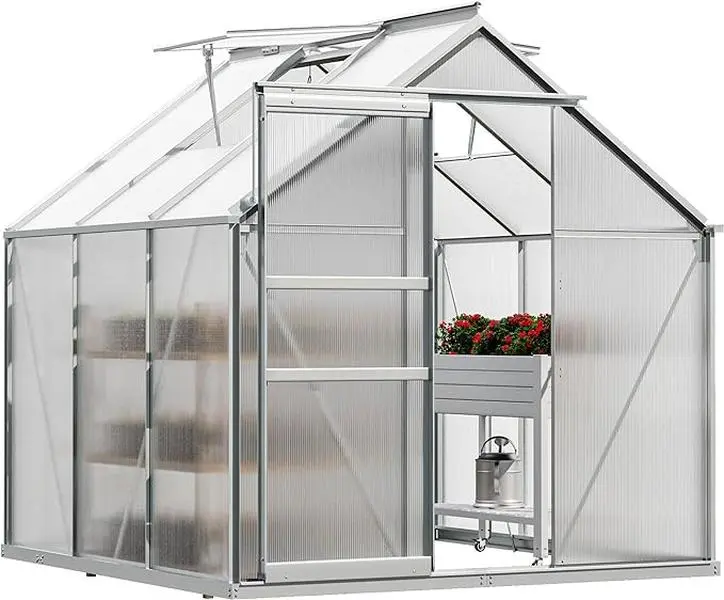 YITAHOME Polycarbonate Greenhouse 6x6FT Heavy Duty Green Houses Outdoor Greenhouses Aluminum Sliding Doors Vent Window Premium Large Sun House for Garden Backyard, Sliver