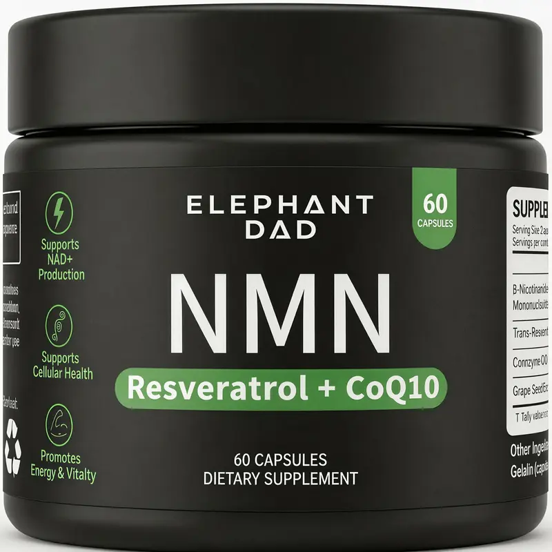 NMN Supplement with Resveratrol & CoQ10 by Elephant Dad - NAD Plus Booster for Cellular Energy & Mitochondrial Support - Anti Aging NAD Supplement for Men & Women - 60 Capsules