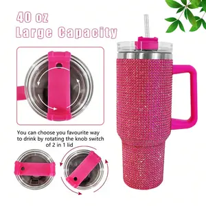 40oz Rhinestone Studded Diamond Bling Stainless Steel Travel Mug with Handle Vacuum Insulated Coffee Tumbler with Straws