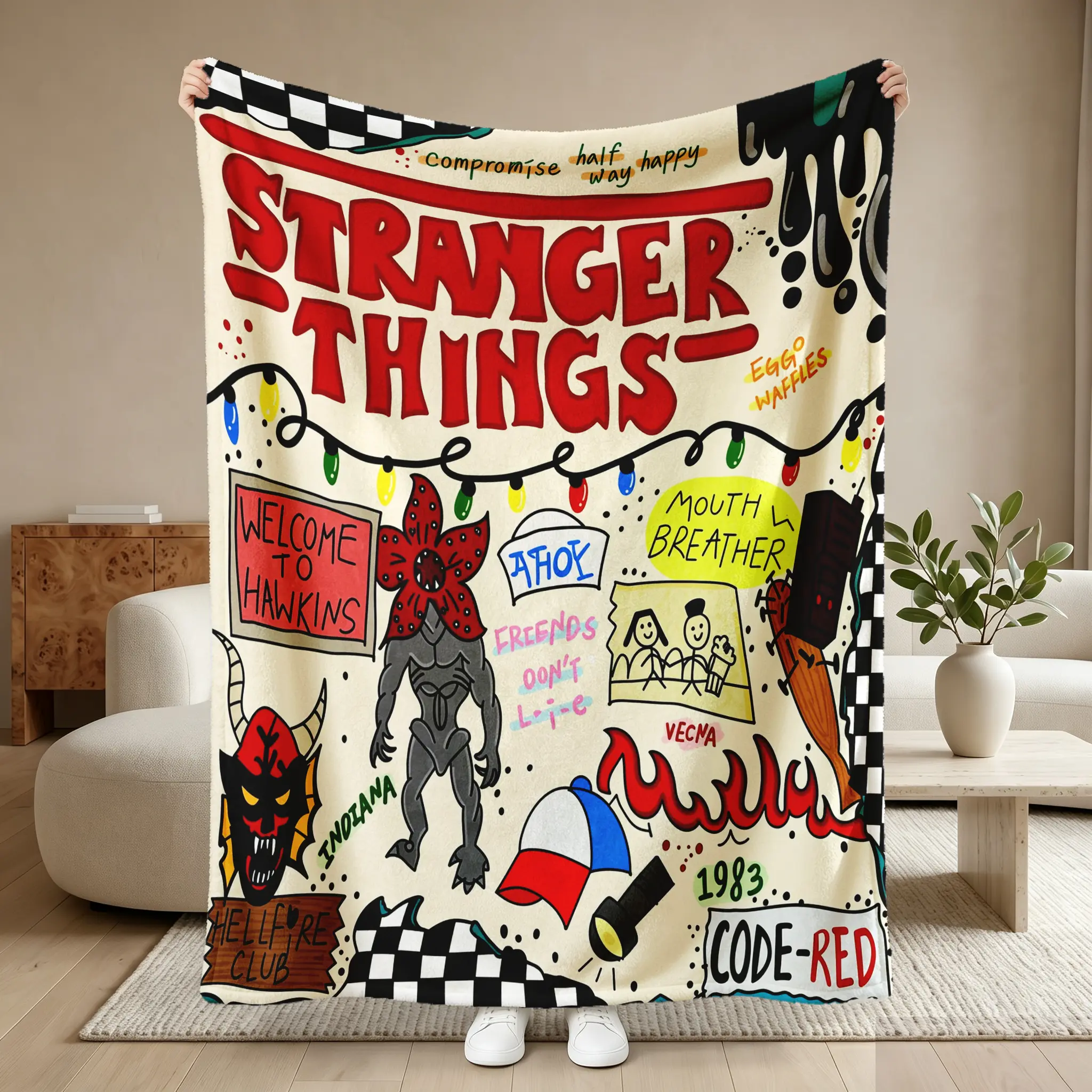 Stranger Things Season 5 And Collage Flannel Blanket, Soft Warm Cozy, Iconic Characters And Demogorgon Art, Ideal Gift For Netflix Fans