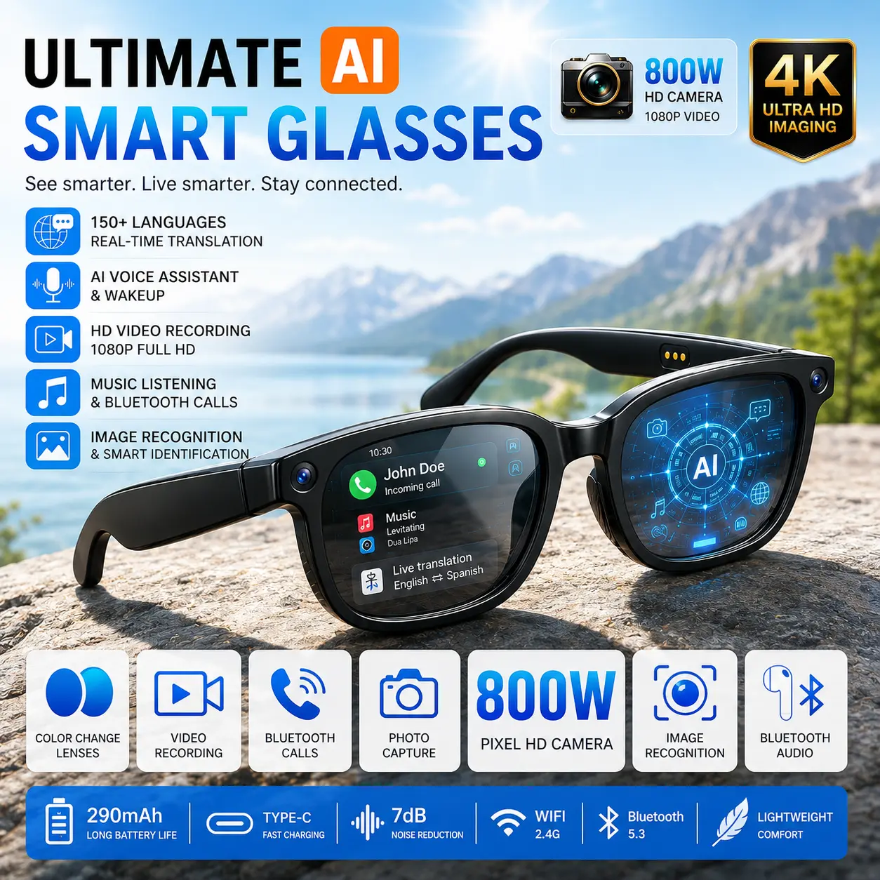 AI Smart Glasses with 8MP Camera, HD Video Recording & Wireless Calls, Real-Time Translation & AI Object Recognition, Bluetooth Audio Glasses with Music Playback & Touch Control for Travel & Outdoor