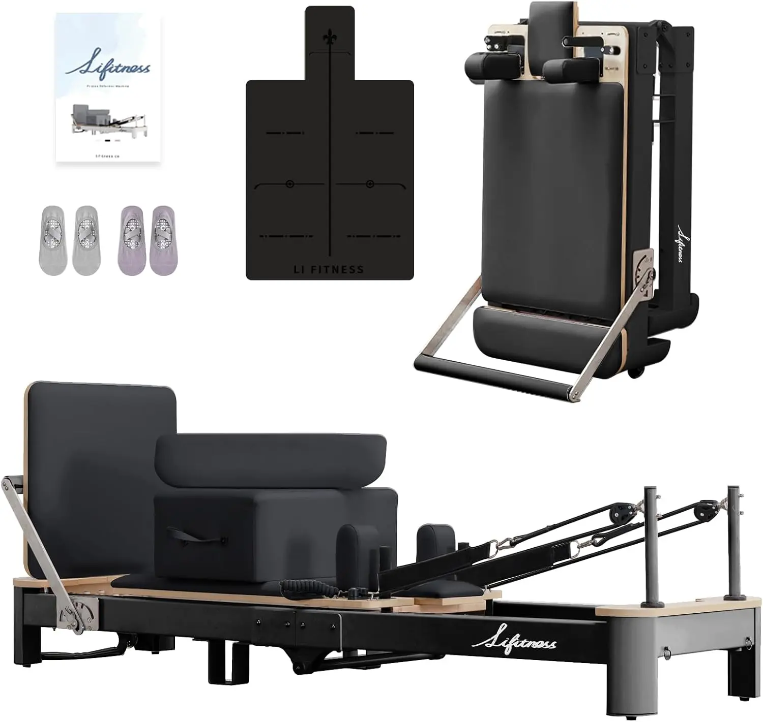 Li Fitness Pilates Reformer Set, Commercial Grade Foldable Pilates Machine with Jumpboard, Reformer Box, Pilates Mat & Socks for Home Workout, Gym Exercise Up to 280kgs/620lbs Capacity