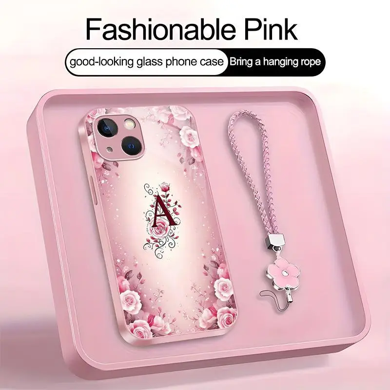Suitable for [iPhone 14] high-end women's phone case🤩，a beautiful four-leaf clover lanyard is included🍀，a free four-leaf clover lanyard is included, with 26 letters of the alphabet to choose from and  exquisite Rose flower patterns 952