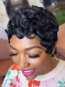 Short Pixie Cut Wig Human Hair for Women, Pre Cut Wigs, Layered Curly Wavy Full Machine Made Wigs with Bangs, Daily Use, No Ca Prop 65 Re, Fluffy Wigs