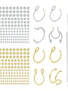 11pcs Fake Lip Ring Set, Fake Lip Piercing, Fake Nose Ring Hoop, Fake Eyebrow Piercing, Stick-On Fake Jewelry, Trendy Body Art Accessories, Nose Piercings Kit