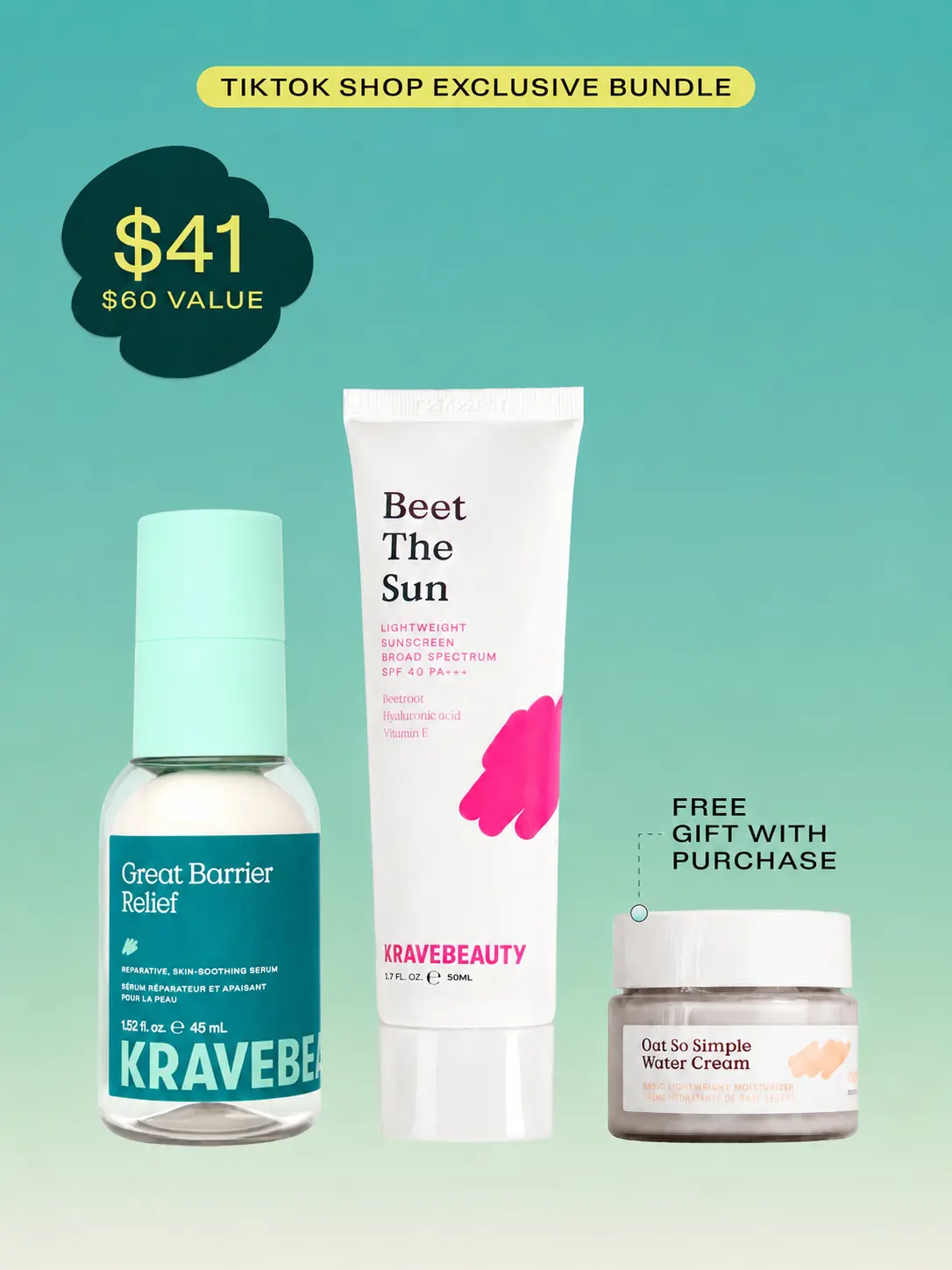 KraveBeauty | Sun Barrier Bundle | TikTok Shop Exclusive | Great Barrier Relief 1.52oz | Beet The Sun 50 mL | FREE Mini Oat So Simple .67 oz