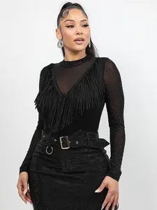 Cristina Solid-neon Sheer Mesh Tassel Fringe Top