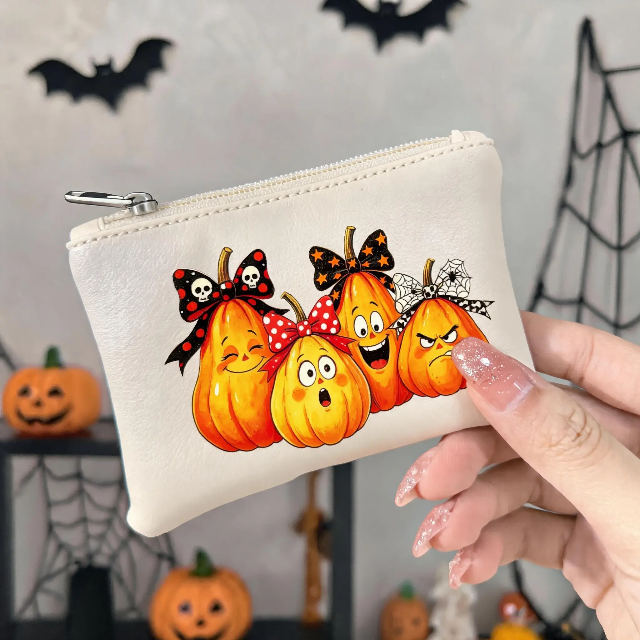 Spooky Season Pumpkin Spiderweb Coin Purse, Cute Purple White Pumpkin Small Zipper Pouch Wallet for Universal Horror Nights, Travel Key Card Holder Pouch for Women