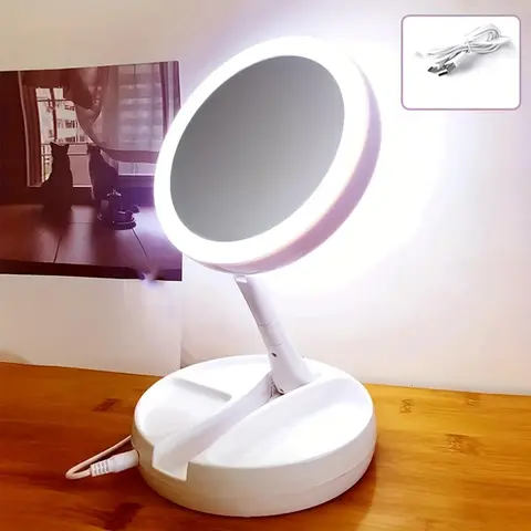 10X Magnifying LED Makeup Mirror with Light, LED Cosmetic Mirror, 1 Count Foldable Double Sided Lighted Vanity Mirror, for Home and Bathroom