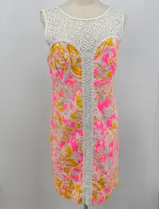 Lilly Pulitzer Sz 8 Pink White Lace Lined Back Zip Sleeveless Retro Dress
