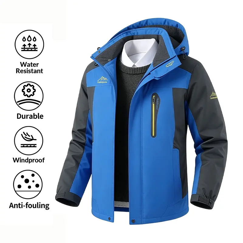 Men’s fleece-lined waterproof windproof jacket with color-block design, durable and anti-fouling, hooded outdoor hiking work coat for camping, cold weather, and everyday wear Menswear Coats Jackets Tops Long Sleeve