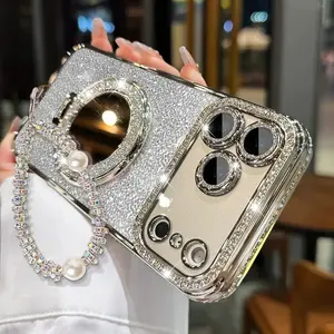 Women's Phone Case with Mirror & Stand for iPhone 12/13/14/15/16/17 Pro Max,17Air,14/15/16 Plus.Features a shiny frame and full-body drop-resistant design.