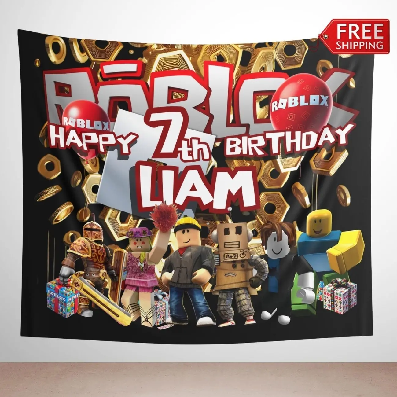 Roblox Birthday Tapestry – Personalized with Name & Age, Polyester, Colorful Design, Decoration for Children's Birthday