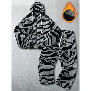Unisex Street Style Camo Leopard Print Fall Winter Fleece Jacket Set, Long Pants, Y2K Fashion, High Street Culture, Men's Gift, Couple