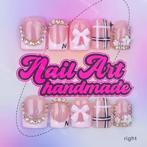 Delicatething Y2K Style Nail Set, Handmade Square Duckbill Nails, 4 Sizes XS S M L, Perfect Gift for Girls, Includes Jelly Glue Crystal Stick