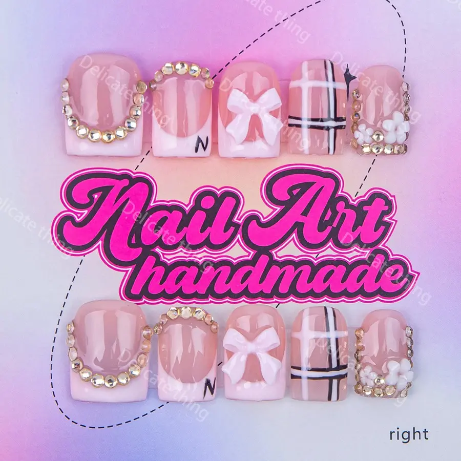 Delicatething Y2K Style Nail Set, Nail Kit, Nail Tips, Fake Nails, Nail Art Supplies, Handmade Square Duckbill Nails, 4 Sizes XS S M L, Perfect Gift for Girls, Includes Jelly Glue Crystal Stick