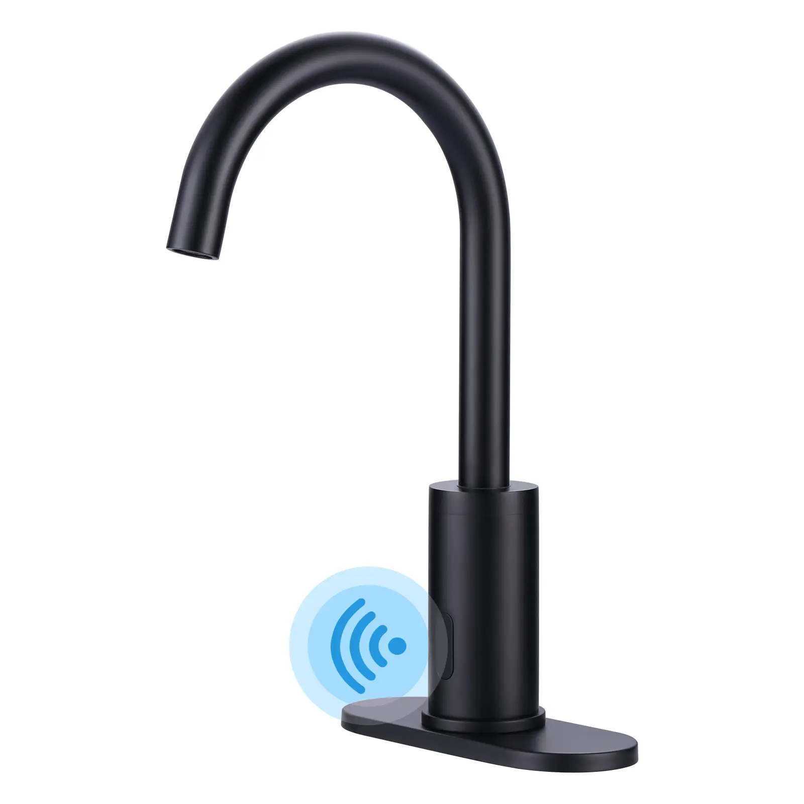 WOWOW Sensor High Arc Touchless Bathroom Faucet - Modern Single Hole Automatic Vanity Faucet Complete Kit with Control Box, Temperature Mixer, Deck Plate, Water-Saving Function, High Arc Faucet